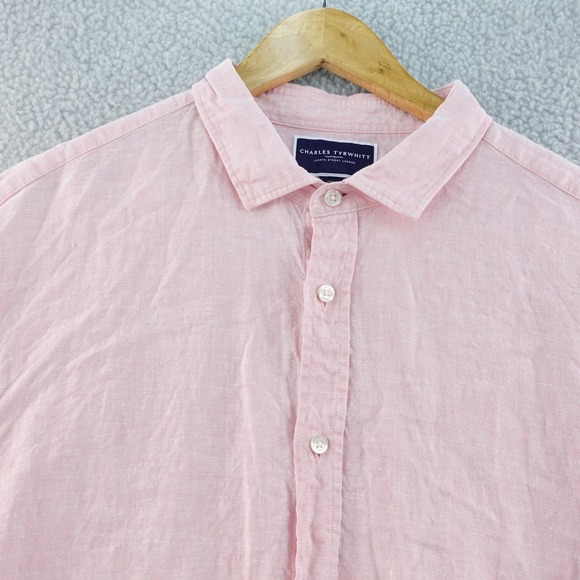 Charles Tyrwhitt Mens XL Slim Fit Pink Linen Button Down Shirt Casual Comfort - Picture 1 of 6